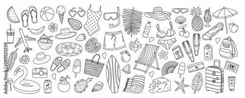 Big outline vector set stickers and doodles of summer. Line art collection elements for vacation, beach holiday and summer time concept. Hand drawn sketches items, signs for card, scrapbooking, print