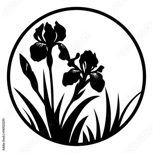 Orchid flower silhouette inside circular frame- Black and white floral silhouette of blooming orchid flowers with leaves and buds enclosed in a round frame, perfect for decorative design