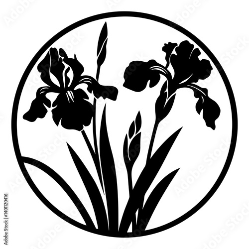 Silhouette of three iris flowers in oval frame- Black and white floral silhouette showing three blooming iris flowers with grass and leaves inside an oval border, ideal for decoration