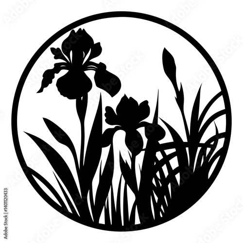 Floral silhouette of iris flowers in circle- Black and white silhouette of blooming iris flowers with leaves and buds inside a circular frame, ideal for decorative or artistic design