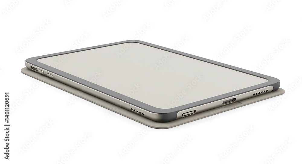 Tablet with Minimalist Case, Gray and Beige Tones, Modern Tech Close-Up. Tablet with Minimalist Case, Gray and Beige Tones, Modern Tech Close-Up.