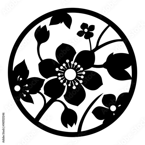 Decorative floral silhouette inside circular frame- Black silhouette of blooming flowers with leaves and buds enclosed in a circle, designed for ornamental, decorative, and artistic use