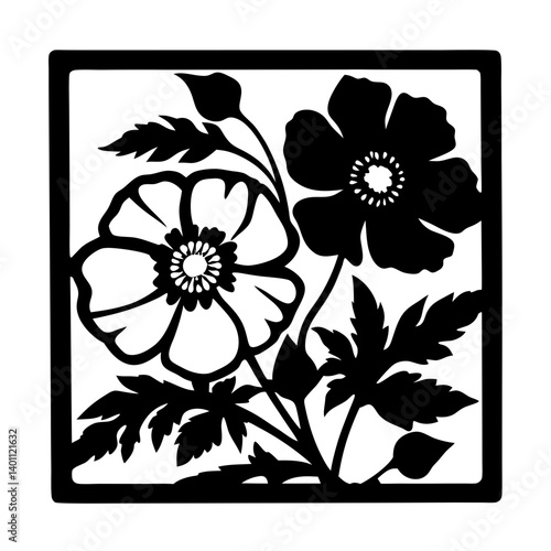 Blooming wildflower silhouette in square frame- Black silhouette of two blooming wildflowers with leaves inside a square border, designed as an ornamental and decorative illustration