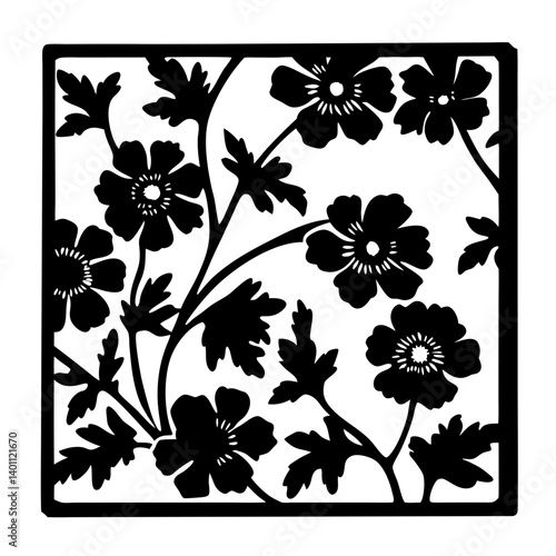 Wildflower pattern silhouette in square frame- Black silhouette of multiple blooming wildflowers with leaves arranged inside a square border, creating a decorative and ornamental design