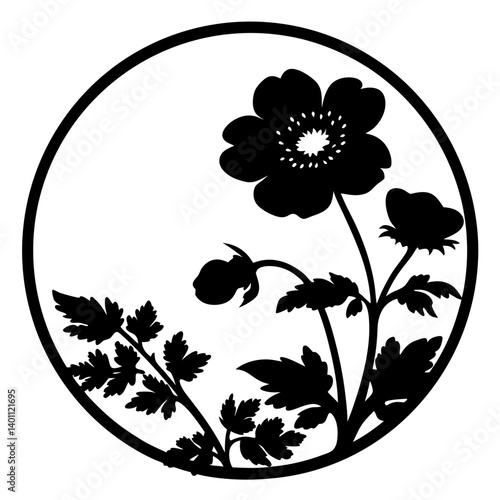 Wildflower silhouette artwork in circular frame- Black silhouette of blooming wildflowers with leaves and buds inside a circle, designed as an ornamental and decorative illustration