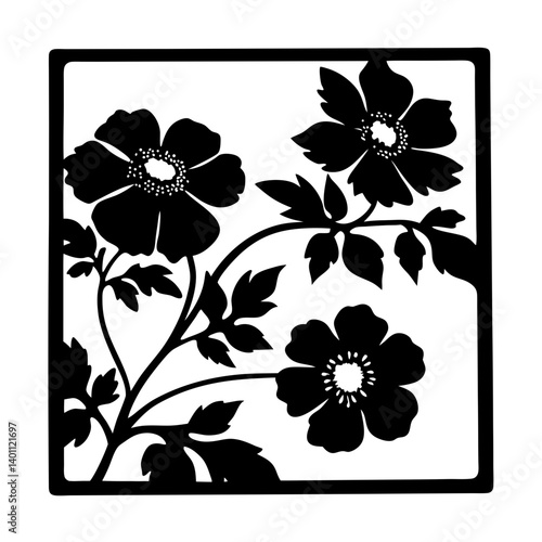 Floral branch silhouette inside square frame- Black silhouette of blooming flowers with stems and leaves arranged in a square border, perfect for ornamental and decorative artwork