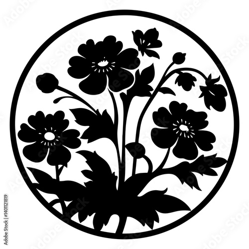 Wildflower bouquet silhouette inside circular frame- Black silhouette of blooming wildflowers with leaves and buds in a round border, perfect for ornamental, decorative, and artistic design