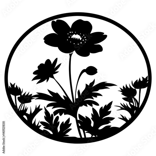 Wildflower silhouette design in circular frame- Black silhouette of blooming wildflowers and leaves enclosed in a round border, creating a natural and decorative artistic design