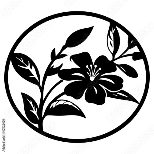 Single flower silhouette in circular frame- Black silhouette of a blooming flower with leaves inside a round border, ideal for decorative art, logos, and ornamental design