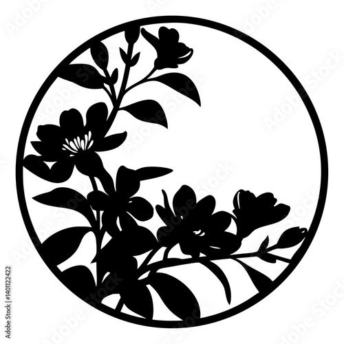 Floral silhouette design in circular frame- Elegant black floral silhouette inside a round frame, featuring blooming flowers and leaves, suitable for decorative, artistic, and ornamental use