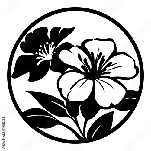 Floral silhouette with two blossoms in circle- Black and white silhouette of two blooming flowers with leaves enclosed in a round frame, perfect for decoration, stencil, or emblem design