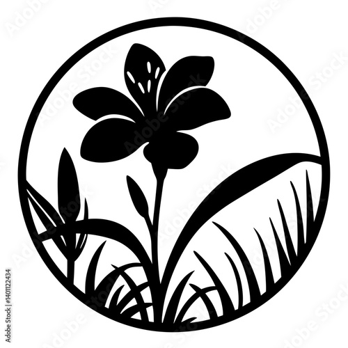 Silhouette of flower and grass in circle- Black silhouette artwork of a blooming flower with grass blades inside a round frame, suitable for stencil, decoration, or design projects