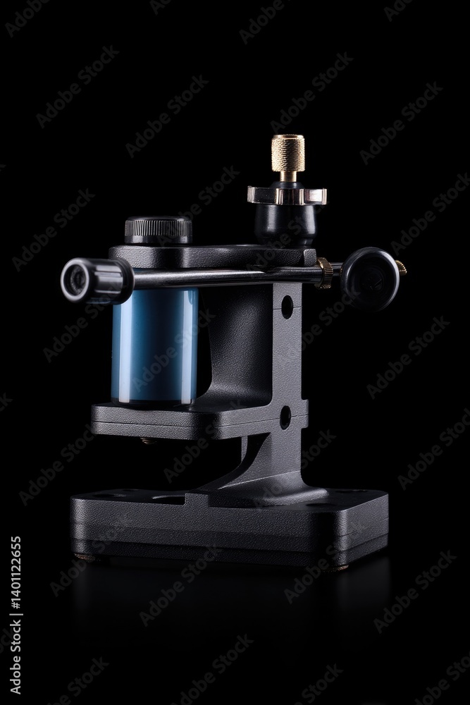 clean studio shot of tattoo machine and ink caps displayed on solid black background clean studio shot of tattoo machine and ink caps displayed on solid black background