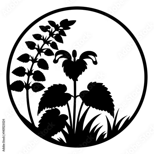 Wild herb silhouette with serrated leaves in circle- Black silhouette of wild herbs with serrated leaves and blossoms, arranged inside a circular frame for botanical and decorative purposes