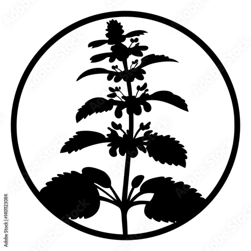 Herbal plant silhouette in circle frame- Black silhouette of a tall herbal plant with serrated leaves and clustered blossoms, neatly enclosed within a circular frame for a clean botanical design