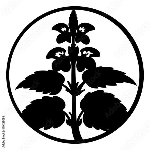 Wildflower stem silhouette in circle frame- Black silhouette of a wildflower stem with broad, serrated leaves and small blossoms at top, enclosed within a circular frame for a bold botanical design