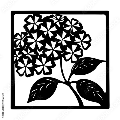 Hydrangea blossom silhouette in square frame- Black silhouette illustration of a hydrangea cluster with star-shaped blossoms and broad leaves, enclosed in a square frame, symbolizing floral elegance