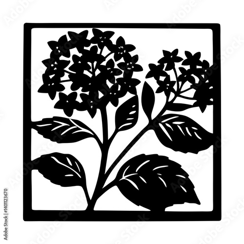 Hydrangea flower silhouette in square frame- Black silhouette illustration of blooming hydrangea flowers with broad leaves, enclosed in a square frame, symbolizing nature, elegance, and ornament