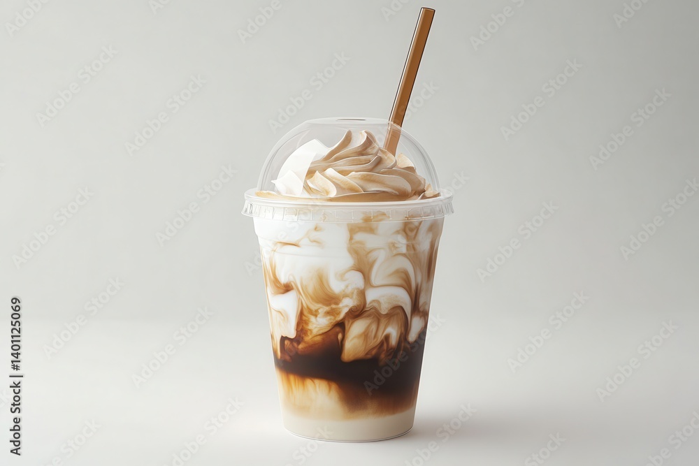 Iced coffee with cream and straw on white background Iced coffee with cream and straw on white background