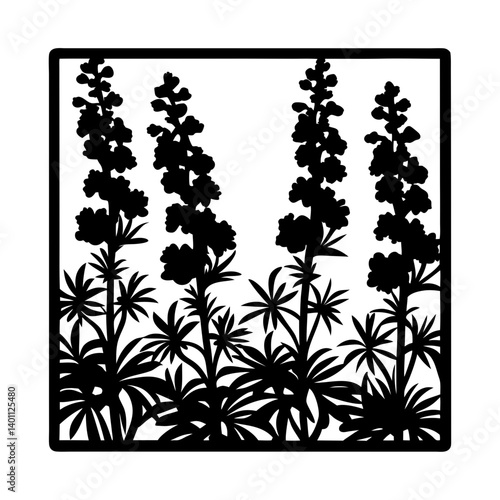 Lupine flower silhouette pattern in square frame- Black silhouette of tall lupine flowers with leafy plants inside a square, symbolizing wild meadows, nature, and decorative botanical design