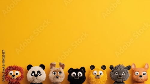 Fototapeta Naklejka Na Ścianę i Meble -  Seven animal finger puppets are arranged in a row against a yellow background.