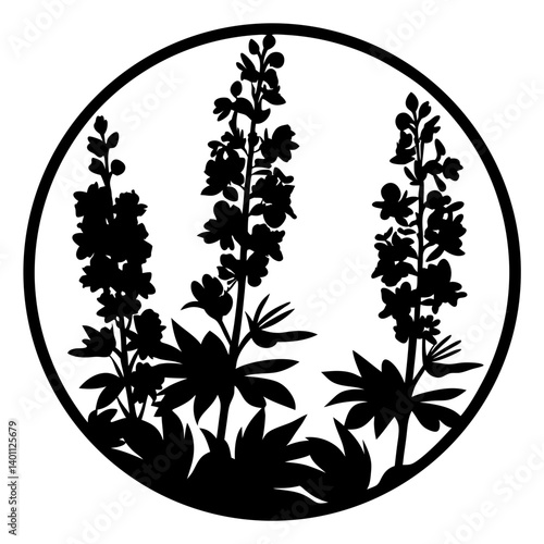 Lupine flower silhouette inside circular frame- Black silhouette of tall lupine flowers with leafy plants enclosed in a circle, representing wild meadows, nature, and decorative botanical art