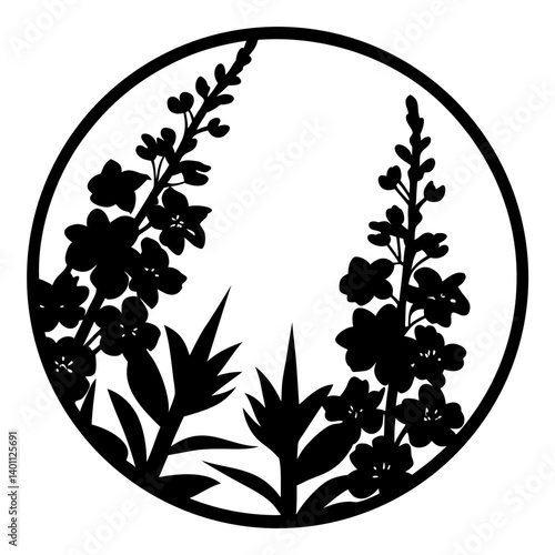 Lupine floral silhouette artwork in circle- Black silhouette of blooming lupine flowers with pointed leaves inside a circular frame, symbolizing wild plants, nature, and decorative art