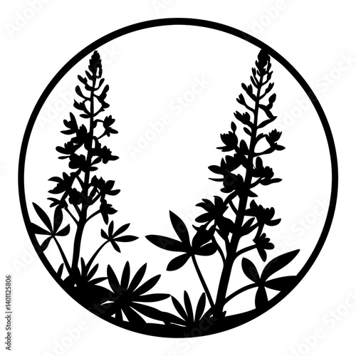 Lupine flower silhouette inside circular frame- Black silhouette of tall lupine flowers and leaves enclosed in a circle, symbolizing wild plants, nature, and decorative botanical art