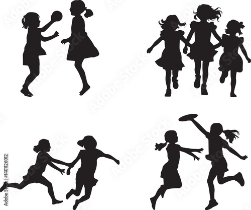 Playful Silhouette of Girls Engaging in Different Activities