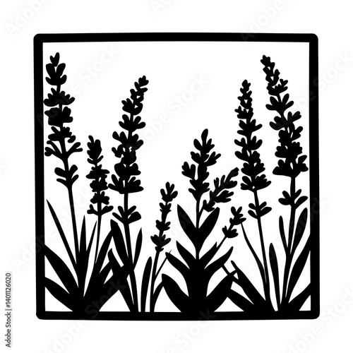 Lavender plant silhouette inside square frame-Black silhouette of lavender flowers and leaves enclosed in a square, representing herbal plants, natural calmness, and decorative botanical art