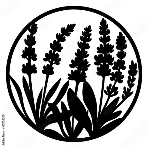 Lavender plant silhouette inside round frame- Black floral silhouette of lavender plants within a circle, representing nature, relaxation, herbal design, and botanical decorative art