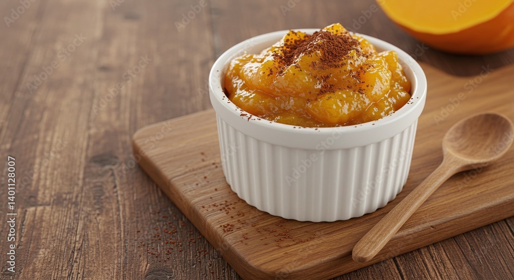 Doce de abóbora com coco in small ramekin with rustic spoon on wooden table Doce de abóbora com coco in small ramekin with rustic spoon on wooden table