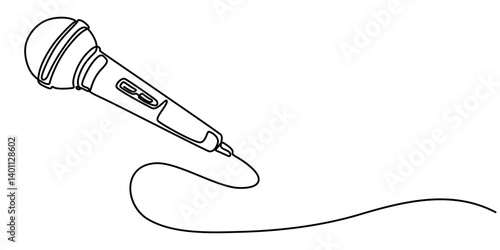 wired microphone continuous line art drawing, Retro microphone in one line drawing. Music and podcast recording tool, modern minimalistic linear design, one line drawing wired microphone pro vector.