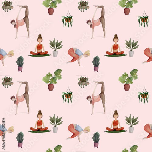Seamless watercolor pattern of women in yoga poses surrounded by cozy indoor plants. Perfect for fabric and textile design (yoga mats, activewear, home decor)
