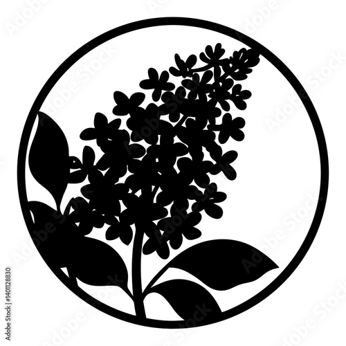 Lilac flower cluster silhouette in circular frame- Black silhouette artwork of a lilac flower cluster with multiple small blossoms and broad leaves, enclosed in a circular frame for a decorative flora