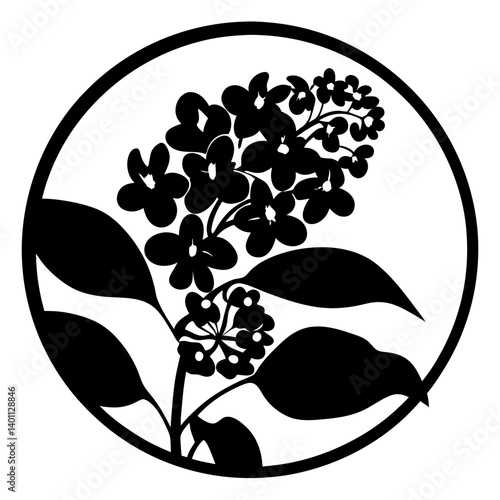 Lilac flower cluster silhouette in circular frame- Black silhouette artwork of a lilac flower cluster with multiple small blossoms and broad leaves, enclosed in a circular frame for a decorative flora