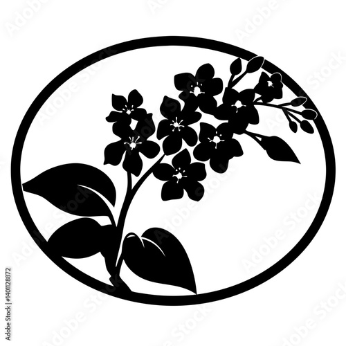 Lilac branch with blossoms silhouette in oval frame- Elegant black silhouette of a lilac branch with clustered blossoms and broad leaves, enclosed in an oval frame, creating a decorative floral design