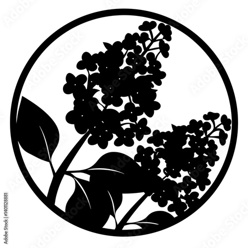 Lilac flower cluster silhouette in circular frame- Black silhouette illustration of blooming lilac flower clusters with dense blossoms and broad leaves, enclosed in a circular frame