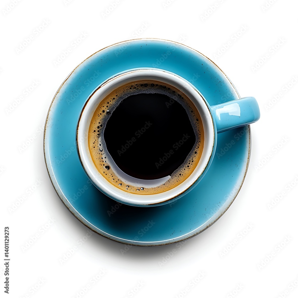 Aromatic Coffee in Turquoise Cup: An overhead view of a ceramic cup filled with rich, dark coffee, gracefully positioned on a matching saucer, offering a visual treat and sensory invitation. Aromatic Coffee in Turquoise Cup: An overhead view of a ceramic cup filled with rich, dark coffee, gracefully positioned on a matching saucer, offering a visual treat and sensory invitation.