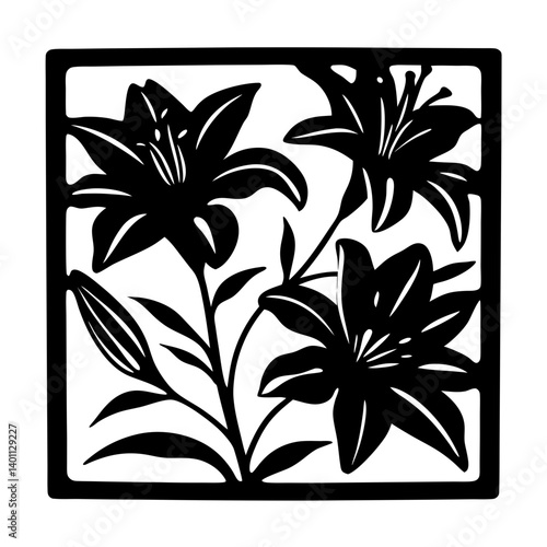 Lily flowers silhouette in square frame- Artistic black silhouette of three blooming lilies with leaves and a bud, enclosed in a square frame, perfect for decorative or ornamental designs
