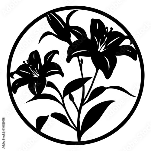 Silhouette of blooming lilies inside circular frame- Black silhouette artwork of elegant lily flowers with stems and leaves enclosed in a circle, ideal for decorative and botanical themes