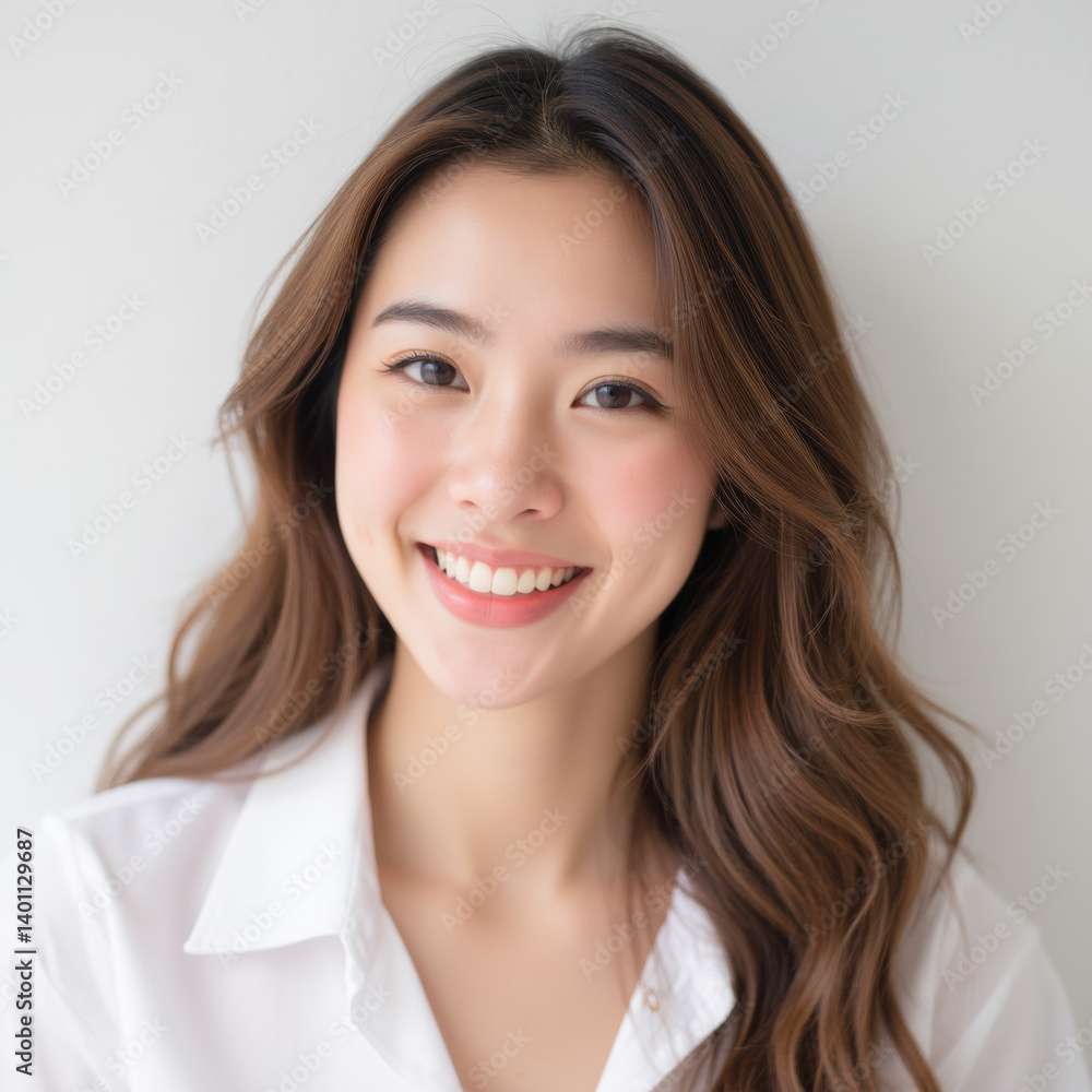 smiling young woman with long, wavy hair wearing white shirt, exuding warmth and confidence smiling young woman with long, wavy hair wearing white shirt, exuding warmth and confidence