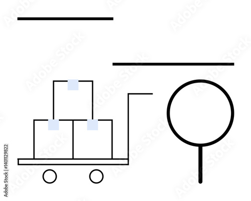 Stacked boxes on a wheeled cart next to a magnifying glass representing inspection or review. Ideal for logistics, shipping, quality assurance, inventory, supply chain, analytics, organization. Flat