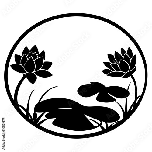 Lotus flowers and lily pads silhouette in circle- Black silhouette artwork showing lotus flowers with lily pads inside a circular frame, perfect for decorative, botanical, and spiritual designs