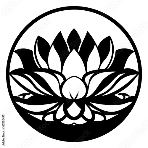 Lotus flower silhouette design inside circular frame- Black silhouette artwork of a blooming lotus flower enclosed in a circle, ideal for decorative, spiritual, and botanical inspired designs