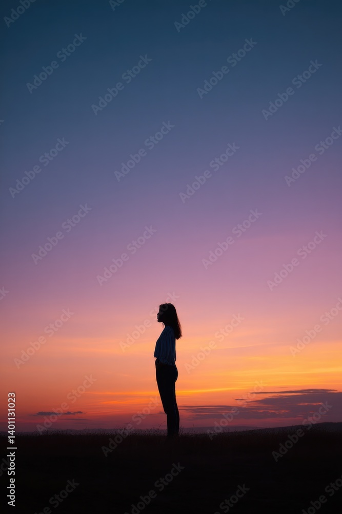 young woman stands gazing into vast skyline her silhouette outlined by sunrise that paints sky with vibrant hues symbolizing young woman stands gazing into vast skyline her silhouette outlined by sunrise that paints sky with vibrant hues symbolizing