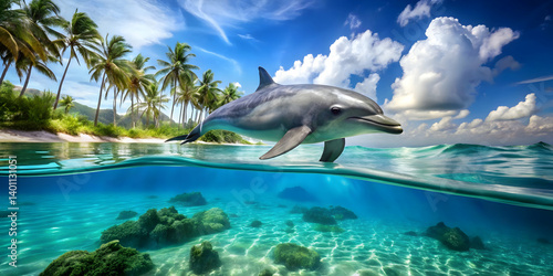 Dolphin swimming experience in tropical ocean