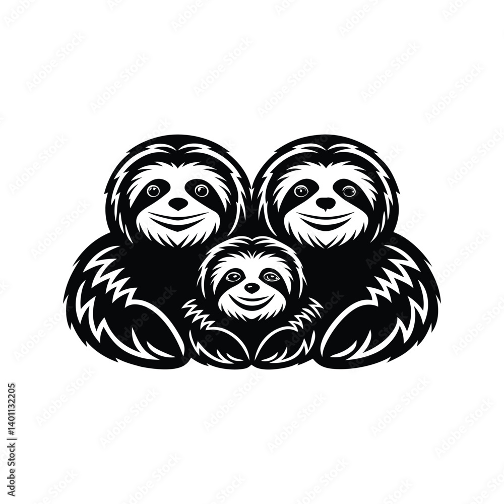 Obraz premium Adult sloth cuddling two baby sloths showcasing a icon silhouette vector with white background