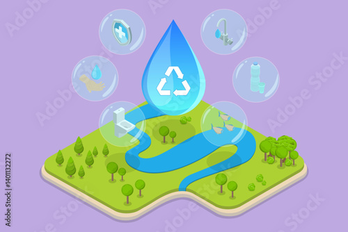 3D Isometric Flat Vector Illustration of Water Saving, Controlling Liquid H2O Resources