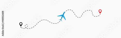 airplane tracking routes with dynamic dotted lines.  Plane route lines of aircraft tracking, location pins, planes, travel, map pins on white background. Vector illustration 